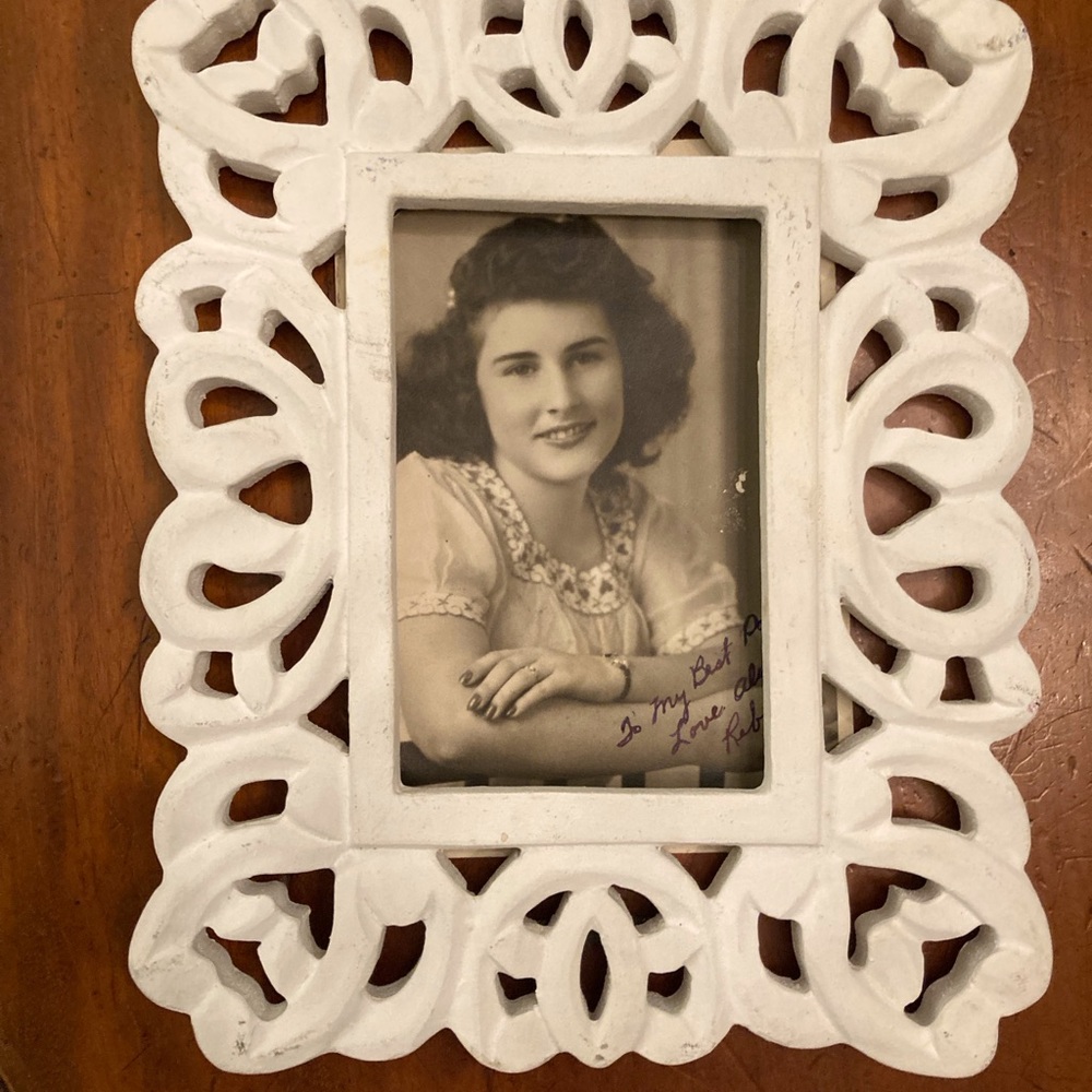 Vintage fretwork white mixed media photo frame,back brackets for hanging.
